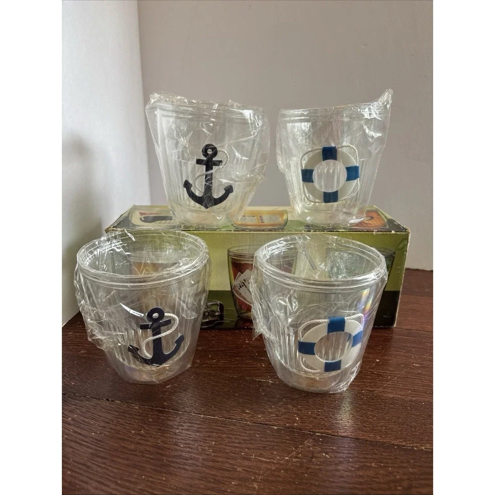 Vtg Set 4 Insulated Bar Tumblers‎ Anchor/Ring Buoy Glasses Hong Kong- NEW!